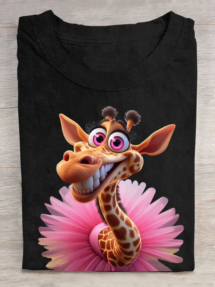 Funny Giraffe Printed Round Neck T-shirt