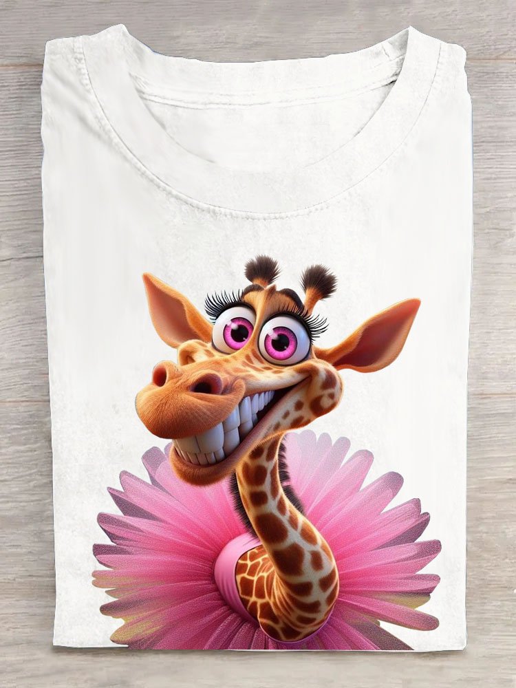 Funny Giraffe Printed Round Neck T-shirt