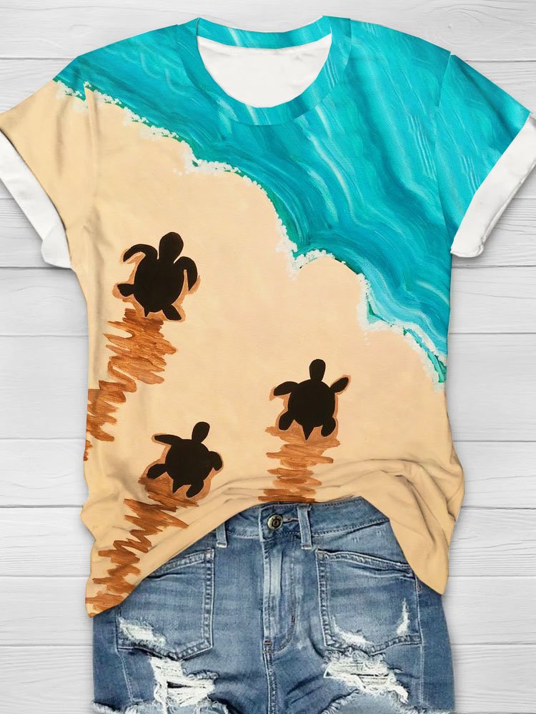 Beach turtle print round neck casual T-shirt