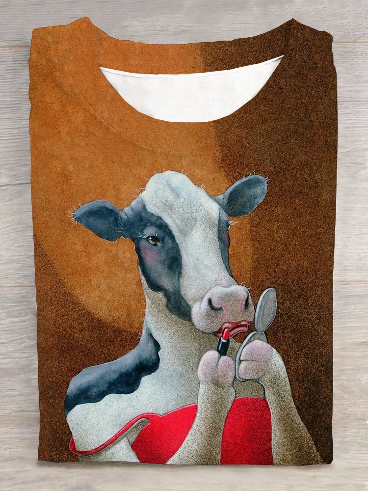 Artistic cow print round neck casual T-shirt