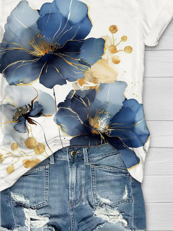 Blue floral print round neck casual T-shirt