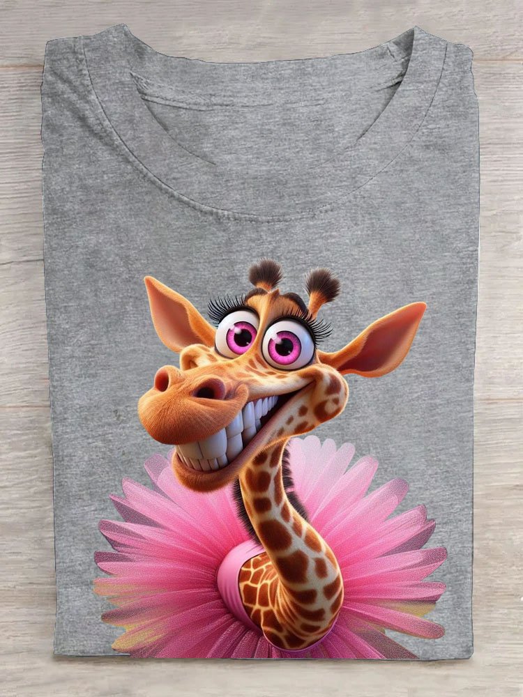 Funny Giraffe Printed Round Neck T-shirt