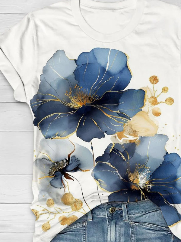 Blue floral print round neck casual T-shirt