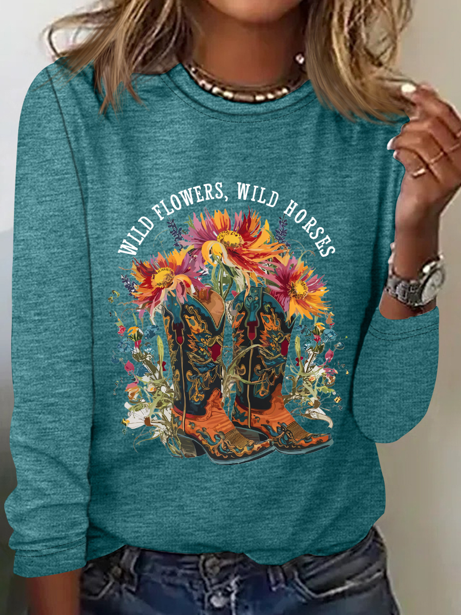 Wild Flowers Wild Horses Casual Long Sleeve Shirt