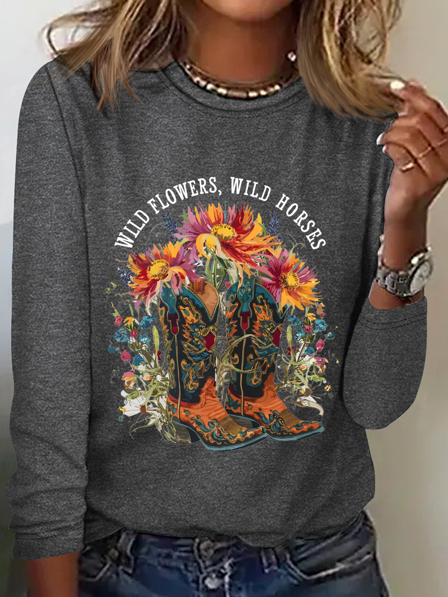 Wild Flowers Wild Horses Casual Long Sleeve Shirt