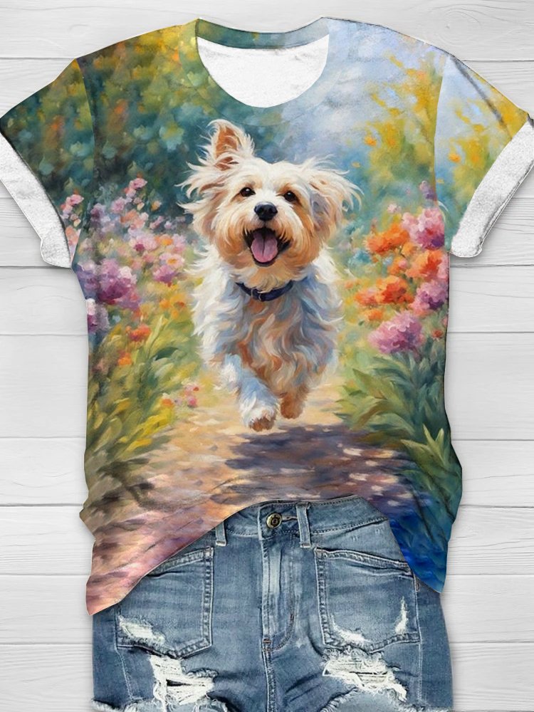 Casual Dog and Floral Loose T-Shirt