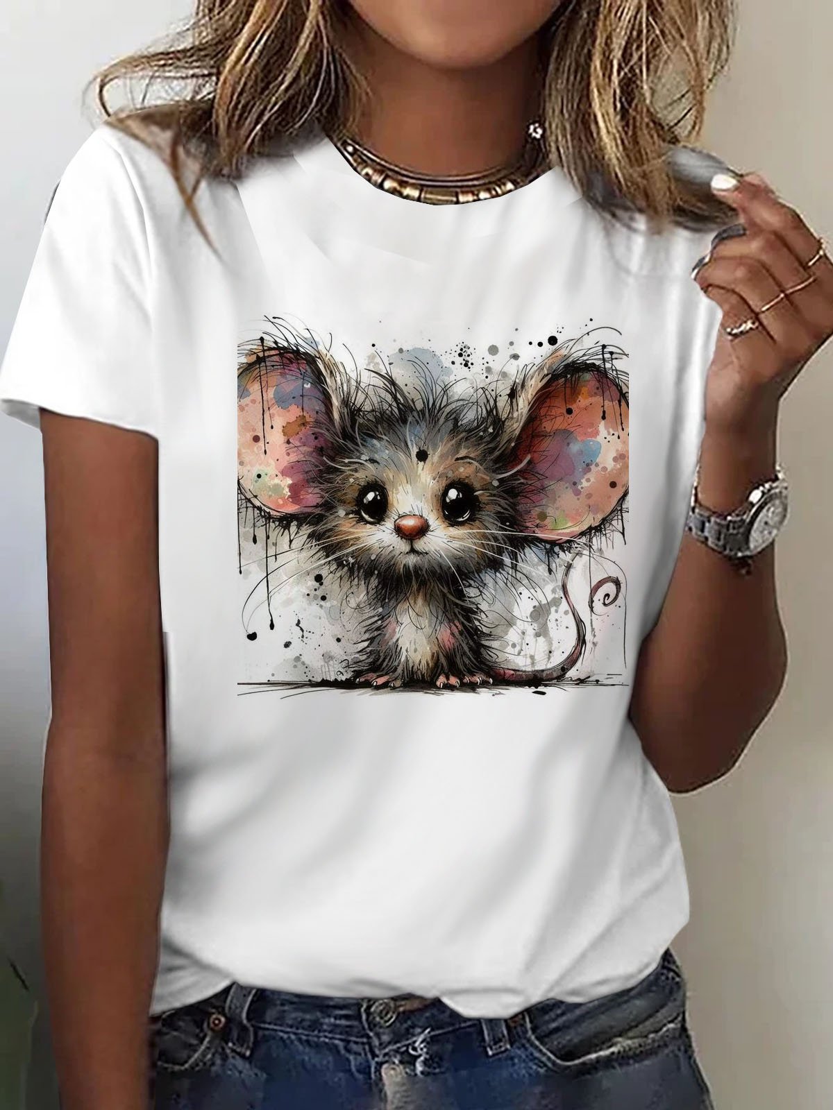 Funny Mouse Printed Round Neck T-shirt